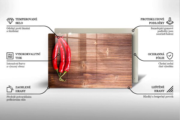 Krájecí prkénko skleněné Chilli papričky na dřevo
