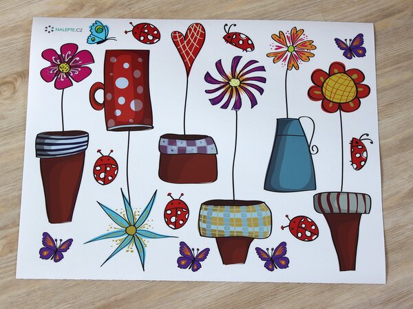 Pestré truhlíky textilní přelepitelné samolepky na zeď arch 45 x 35 cm