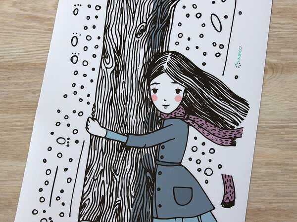 Dívka a mops textilní přelepitelná samolepka na zeď arch 23 x 46 cm