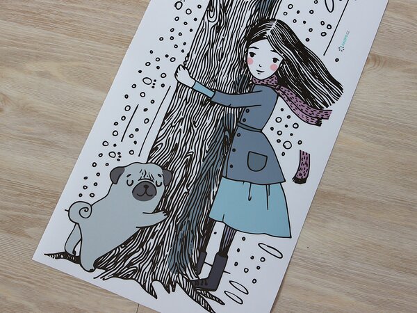 Dívka a mops textilní přelepitelná samolepka na zeď arch 23 x 46 cm