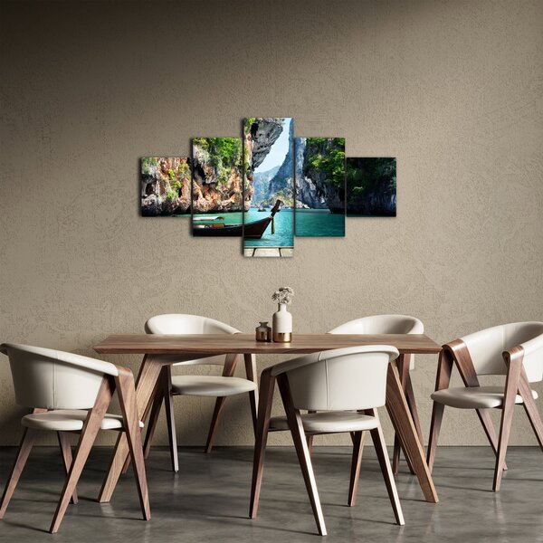 Obraz dlouhé lodi na pláži (125x70 cm)