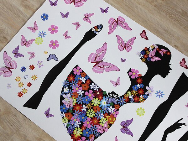 Tančící květinová dívka textilní přelepitelné samolepky na zeď arch 70 x 48 cm