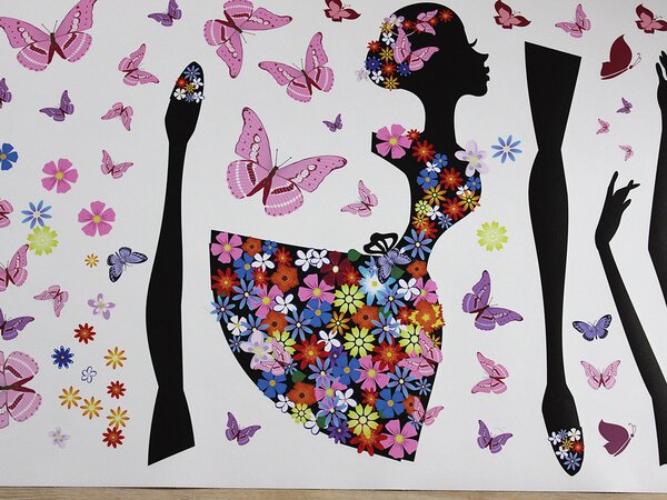Tančící květinová dívka textilní přelepitelné samolepky na zeď arch 70 x 48 cm