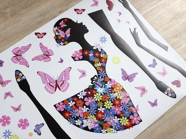 Tančící květinová dívka textilní přelepitelné samolepky na zeď arch 70 x 48 cm