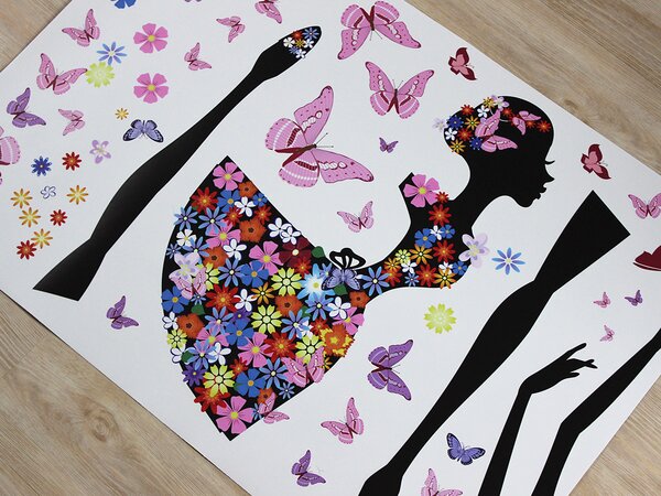 Tančící květinová dívka textilní přelepitelné samolepky na zeď arch 70 x 48 cm
