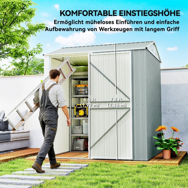 Outsunny kovový zahradní domek na nářadí 3,5 m² – vysoký uzamykatelný se štítnou střechou, větráním a rukavicemi v balení, 209 x 177 x 236 cm, světle