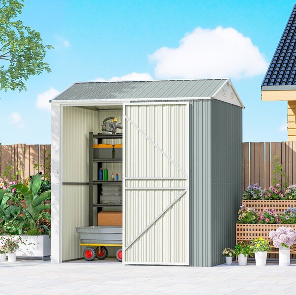 Outsunny kovový zahradní domek na nářadí 3,5 m² – vysoký uzamykatelný se štítnou střechou, větráním a rukavicemi v balení, 209 x 177 x 236 cm, světle