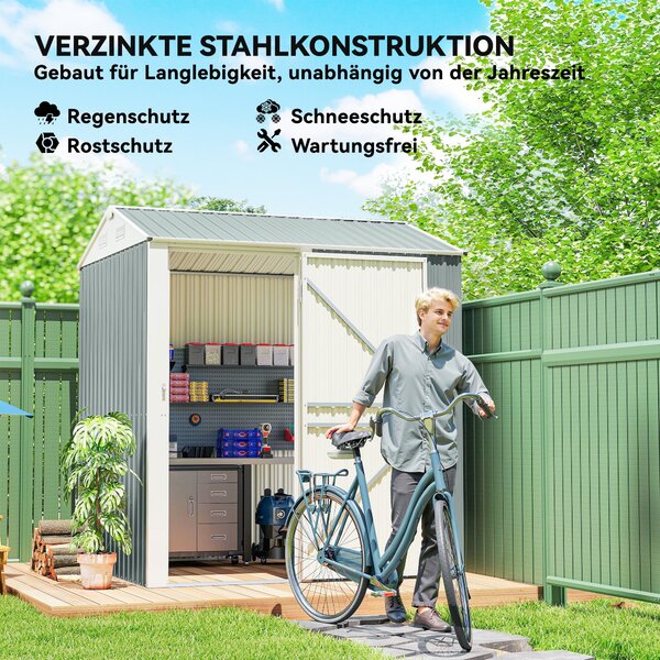 Outsunny kovový zahradní domek na nářadí 3,5 m² – vysoký uzamykatelný se štítnou střechou, větráním a rukavicemi v balení, 209 x 177 x 236 cm, světle
