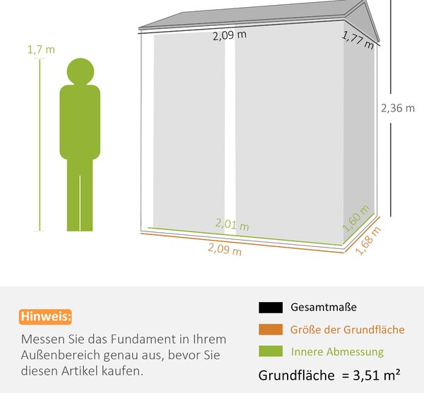 Outsunny kovový zahradní domek na nářadí 3,5 m² – vysoký uzamykatelný se štítnou střechou, větráním a rukavicemi v balení, 209 x 177 x 236 cm, světle