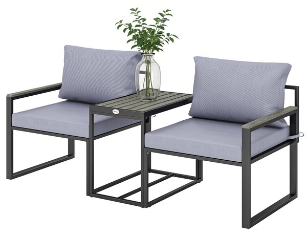 Outsunny 3dílný bistro set na balkon – 2 křesla a stolek s odnímatelnými prodyšnými polštáři, ocelový zahradní nábytek, šedá | Aosom