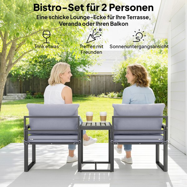 Outsunny 3dílný bistro set na balkon – 2 křesla a stolek s odnímatelnými prodyšnými polštáři, ocelový zahradní nábytek, šedá | Aosom