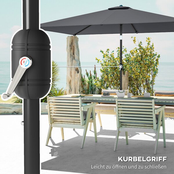 Outsunny naklápěcí obdélníkový slunečník 300 × 200 cm s klikou a krytem — UV ochrana, odolný proti větru, pevný slunečník, tmavě šedý | Aosom
