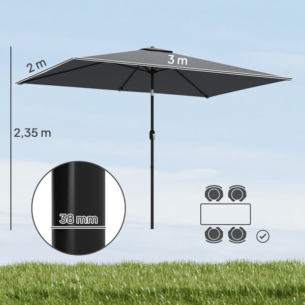 Outsunny naklápěcí obdélníkový slunečník 300 × 200 cm s klikou a krytem — UV ochrana, odolný proti větru, pevný slunečník, tmavě šedý | Aosom
