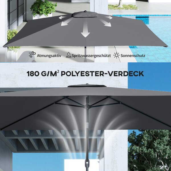 Outsunny naklápěcí obdélníkový slunečník 300 × 200 cm s klikou a krytem — UV ochrana, odolný proti větru, pevný slunečník, tmavě šedý | Aosom