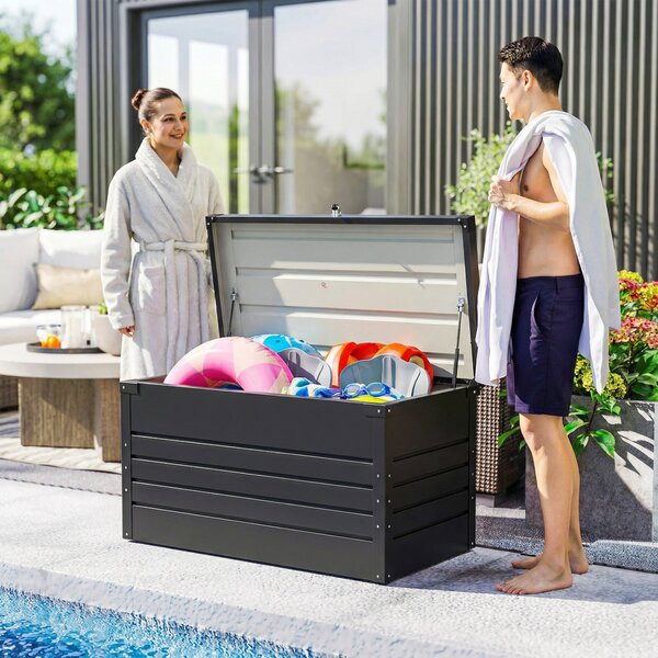 Outsunny 450 l kovová zahradní truhla — zamykatelná, voděodolná, dvojité víko, 120×61×62 cm, šedá | Aosom