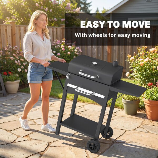 Outsunny gril na dřevěné uhlí s poklopem — BBQ vozík s 2 bočními stolky, velká grilovací plocha, teploměr a kolečka, 110 x 46,5 x 101 cm (černý) | Aos