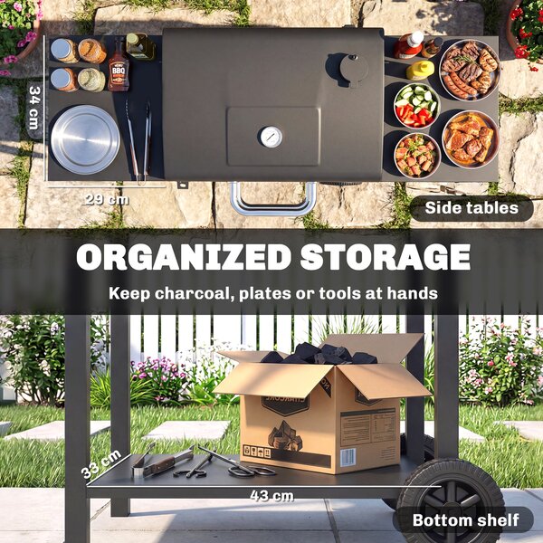 Outsunny gril na dřevěné uhlí s poklopem — BBQ vozík s 2 bočními stolky, velká grilovací plocha, teploměr a kolečka, 110 x 46,5 x 101 cm (černý) | Aos
