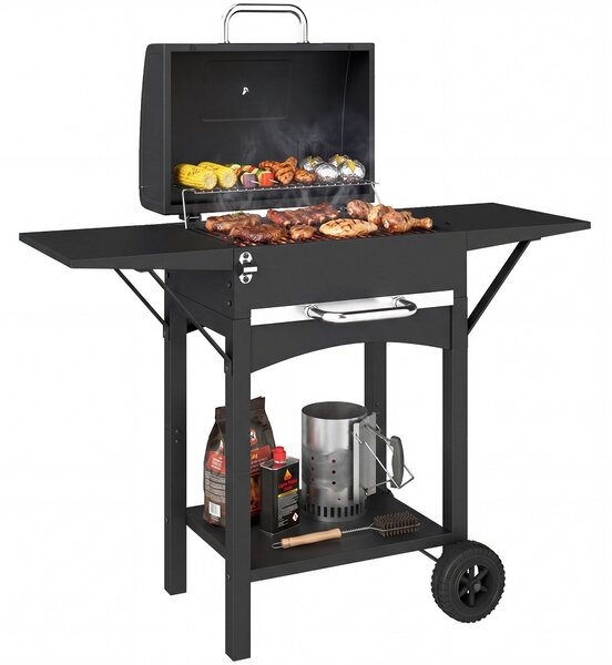 Outsunny gril na dřevěné uhlí s poklopem — BBQ vozík s 2 bočními stolky, velká grilovací plocha, teploměr a kolečka, 110 x 46,5 x 101 cm (černý) | Aos