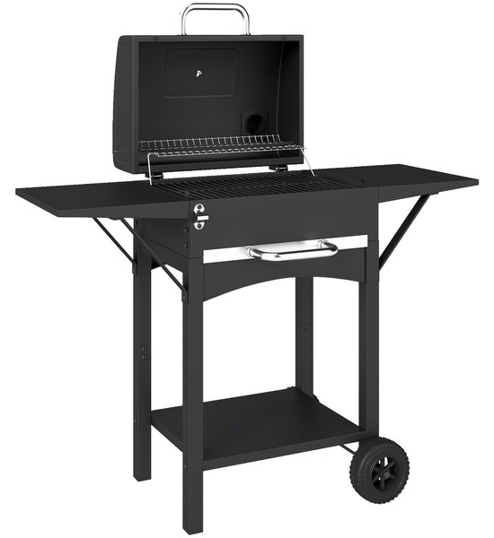 Outsunny gril na dřevěné uhlí s poklopem — BBQ vozík s 2 bočními stolky, velká grilovací plocha, teploměr a kolečka, 110 x 46,5 x 101 cm (černý) | Aos