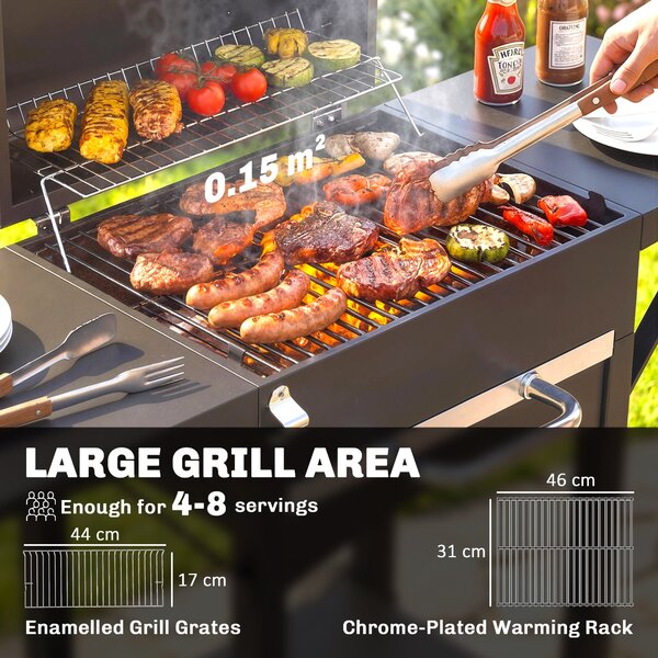 Outsunny gril na dřevěné uhlí s poklopem — BBQ vozík s 2 bočními stolky, velká grilovací plocha, teploměr a kolečka, 110 x 46,5 x 101 cm (černý) | Aos