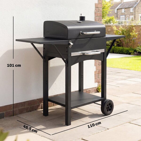 Outsunny gril na dřevěné uhlí s poklopem — BBQ vozík s 2 bočními stolky, velká grilovací plocha, teploměr a kolečka, 110 x 46,5 x 101 cm (černý) | Aos