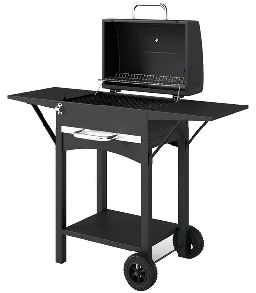Outsunny gril na dřevěné uhlí s poklopem — BBQ vozík s 2 bočními stolky, velká grilovací plocha, teploměr a kolečka, 110 x 46,5 x 101 cm (černý) | Aos