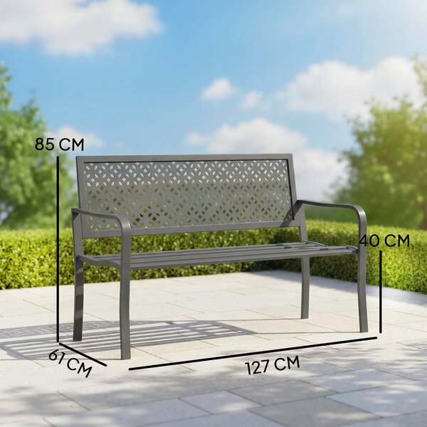 Outsunny kovová zahradní lavice pro 2 osoby – odolná vůči povětrnostním vlivům, žebernaté ocelové opěradlo proti korozi, geometrický design, nosnost 2