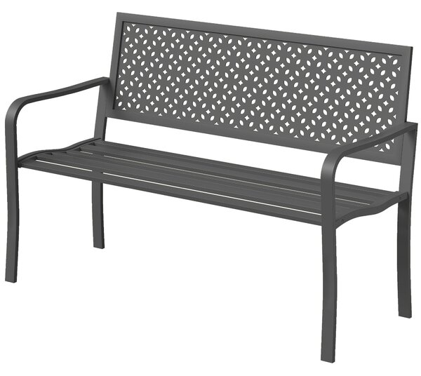 Outsunny kovová zahradní lavice pro 2 osoby – odolná vůči povětrnostním vlivům, žebernaté ocelové opěradlo proti korozi, geometrický design, nosnost 2