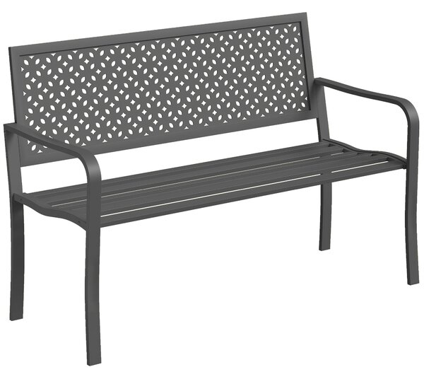 Outsunny kovová zahradní lavice pro 2 osoby – odolná vůči povětrnostním vlivům, žebernaté ocelové opěradlo proti korozi, geometrický design, nosnost 2