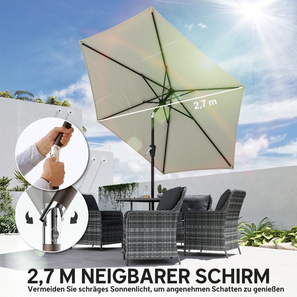 Outsunny naklápěcí zahradní slunečník 270 cm s klikou, UPF 50+ — odolný tržní slunečník pro zahradu, balkon a terasu | Aosom