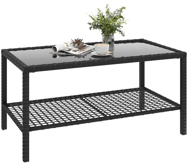 Outsunny ratanový zahradní odkládací stolek s policí, vrchní tvrzené sklo a ocelový rám — 92 x 50 x 45 cm | Aosom