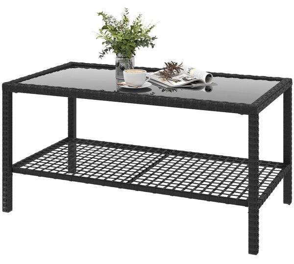 Outsunny ratanový zahradní odkládací stolek s policí, vrchní tvrzené sklo a ocelový rám — 92 x 50 x 45 cm | Aosom