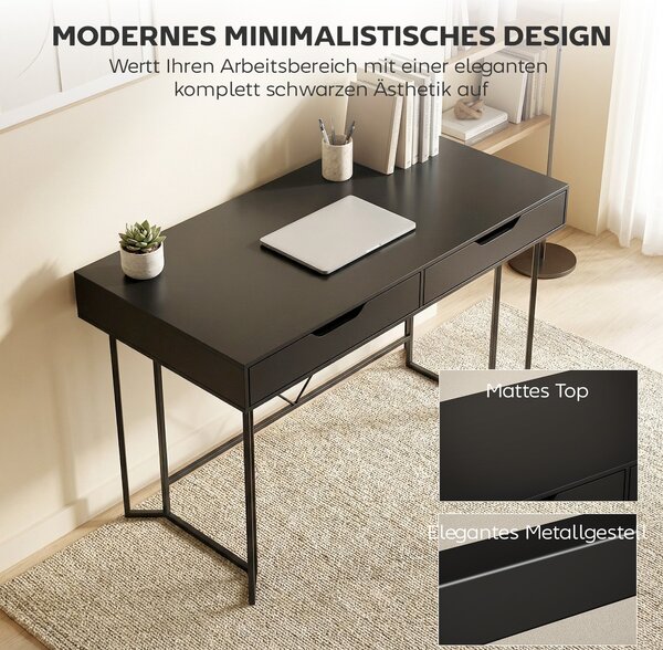 HOMCOM psací stůl s 2 zásuvkami, moderní kovový rám pro domácí kancelář a ložnici — 120 x 60 x 77 cm, černý | Aosom