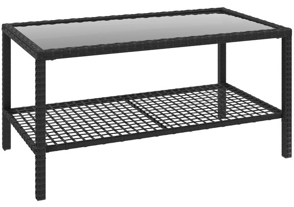 Outsunny ratanový zahradní odkládací stolek s policí, vrchní tvrzené sklo a ocelový rám — 92 x 50 x 45 cm | Aosom