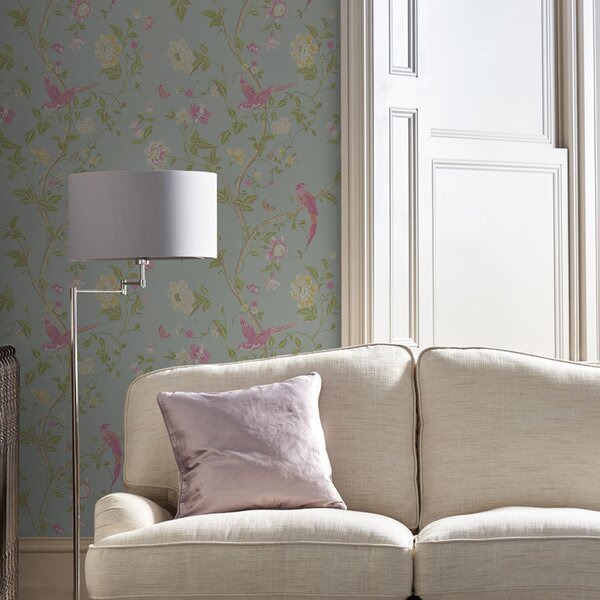 Vliesová tapeta na zeď, tyrkysová, květiny, ptáčci, 113392, Laura Ashley 3, laura Ashley Signature