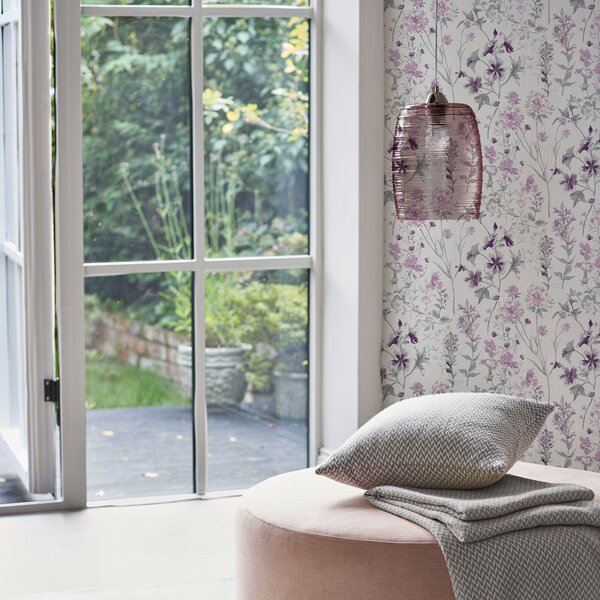 Vliesová tapeta na zeď, šedo-fiaslová, luční květy, 113362, Laura Ashley Signature