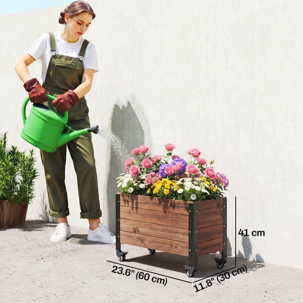 Outsunny vyvýšený dřevěný záhon na kolečkách, obdélný záhon pro bylinky a zeleninu, 60 × 30 × 41 cm, tmavě hnědý | Aosom