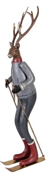 Dekorativní figurka jelena na lyžích s červenou šálou – 19x15x65 cm
