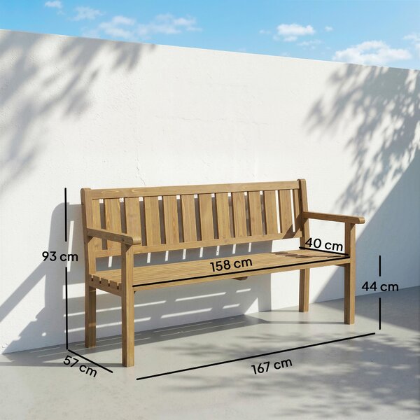 Outsunny 3místná dřevěná lavice do exteriéru, odolná vůči povětrnosti, s opěradlem a područkami, nosnost 360 kg, 167 x 57 x 93 cm, teak | Aosom