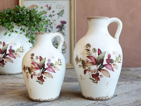 Béžová antik keramická váza s květy a ouškem Florac - Ø 16*26 cm - Chic Antique