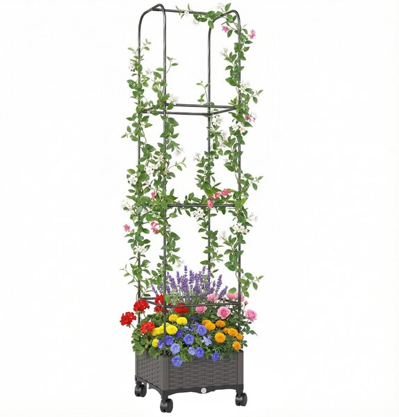 Outsunny vyvýšený truhlík s mříží, mobilní na kolečkách s odtokem, 40 × 40 × 185 cm | Aosom