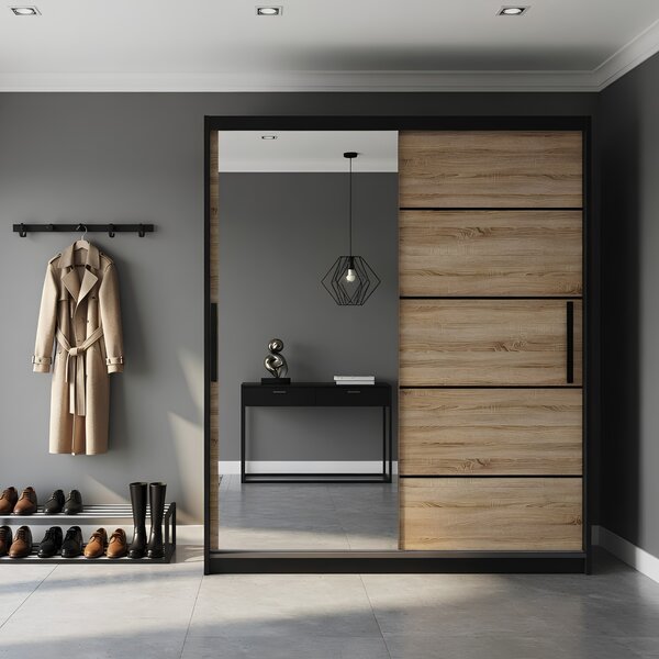 Šatní skříň 158 cm Belini černý mat / dub sonoma s posuvnými dveřmi a zrcadlem