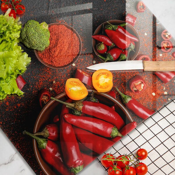 Krájecí prkénko skleněné Červené chilli papričky
