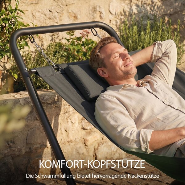 Outsunny samostatně stojící houpací síť s rámem 237 x 90 cm — polstrovaný polštář a boční kapsa, ocel s práškovým nátěrem, nosnost 150 kg — tmavě šedá