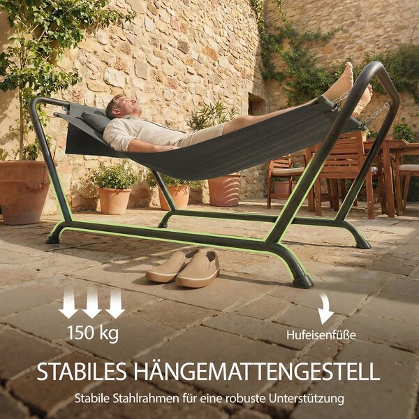 Outsunny samostatně stojící houpací síť s rámem 237 x 90 cm — polstrovaný polštář a boční kapsa, ocel s práškovým nátěrem, nosnost 150 kg — tmavě šedá