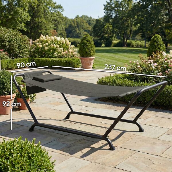Outsunny samostatně stojící houpací síť s rámem 237 x 90 cm — polstrovaný polštář a boční kapsa, ocel s práškovým nátěrem, nosnost 150 kg — tmavě šedá