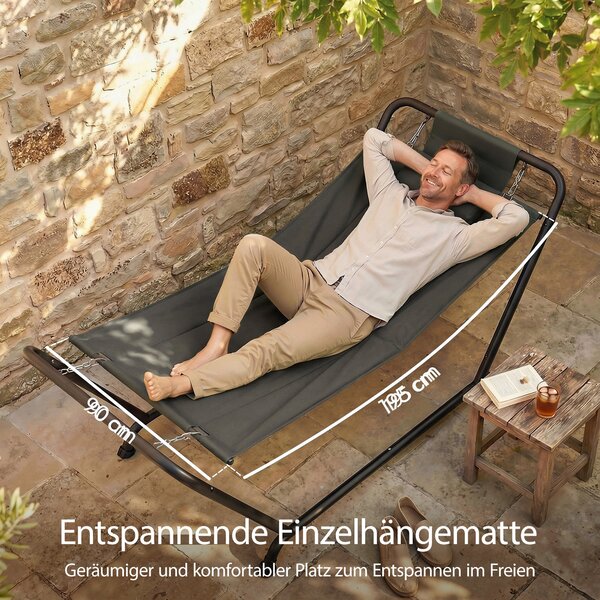 Outsunny samostatně stojící houpací síť s rámem 237 x 90 cm — polstrovaný polštář a boční kapsa, ocel s práškovým nátěrem, nosnost 150 kg — tmavě šedá