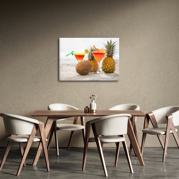 Obraz ananasů a sklenic na pláži (70x50 cm)