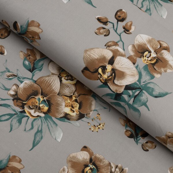 Biante Bavlněný oválný ubrus Sandra SA-622 Hnědé orchideje na šedém 50x100 cm