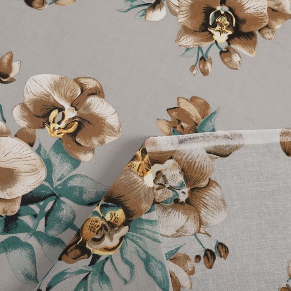 Biante Bavlněný závěs Sandra SA-622 Hnědé orchideje na šedém 150x140 cm